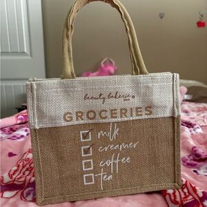Beauty Bakerie Skin Groceries Straw Tote Bag - Tan and White